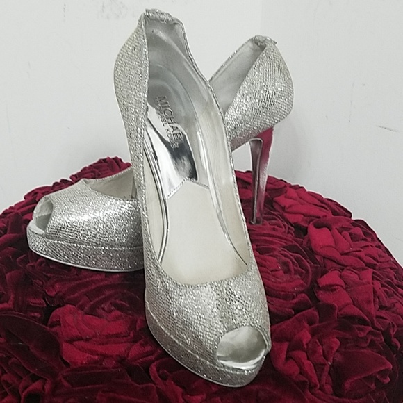 MICHAEL Michael Kors Shoes - Michael by Michael Kors silver bling peeptoe heels